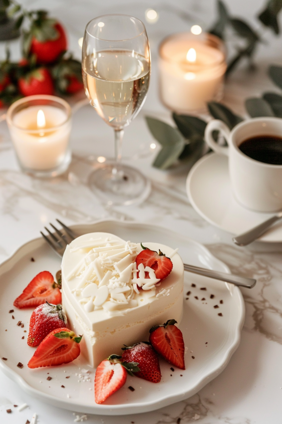 A beautifully decorated heart-shaped mousse cake on a white plate, topped with fresh strawberries, raspberries, and white chocolate shavings.