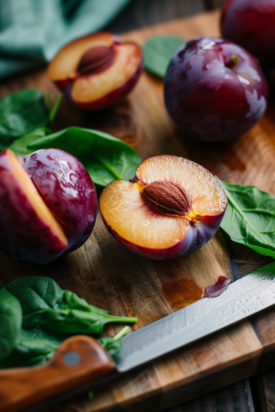 Fresh plums and spinach leaves ready for blending