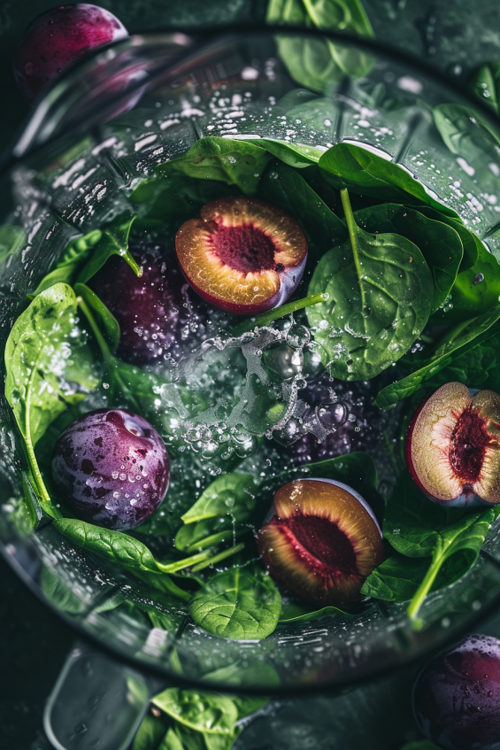 Ingredients of plums, spinach, banana, and almond milk being blended in a blender