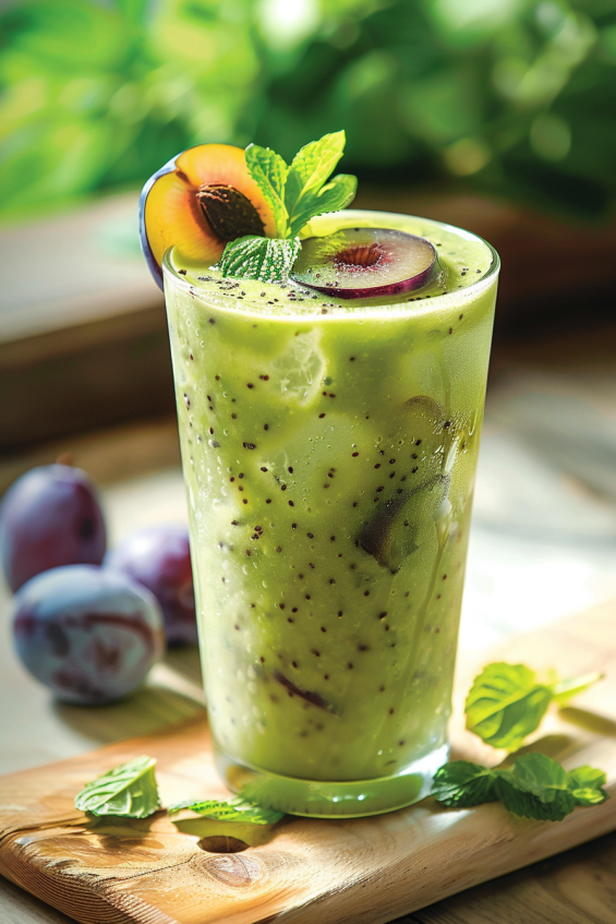 A glass of creamy plum and spinach smoothie, garnished with a slice of plum.