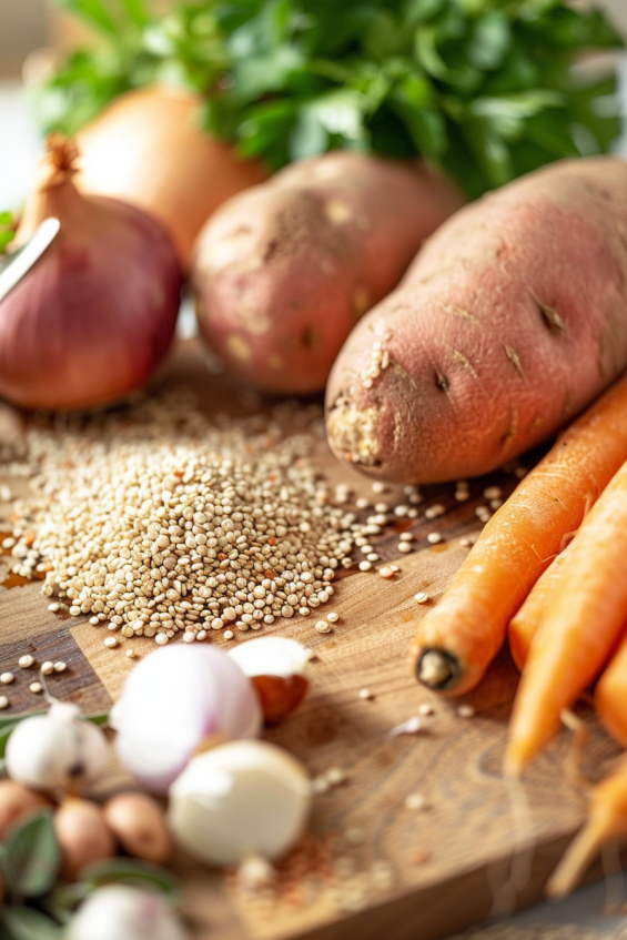 Fresh quinoa roots and sweet potatoes being peeled and chopped on a wooden cutting board, with other vegetables and herbs.