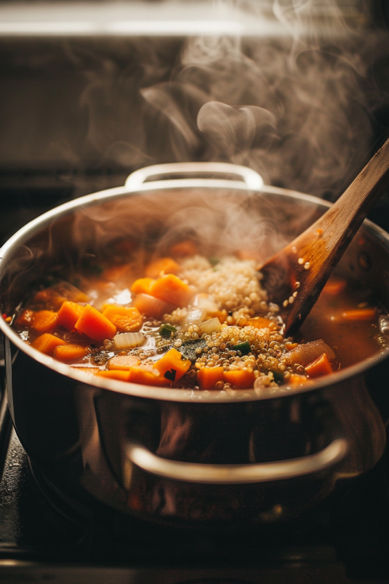 A large pot of quinoa roots, sweet potatoes, and vegetables simmering on the stove