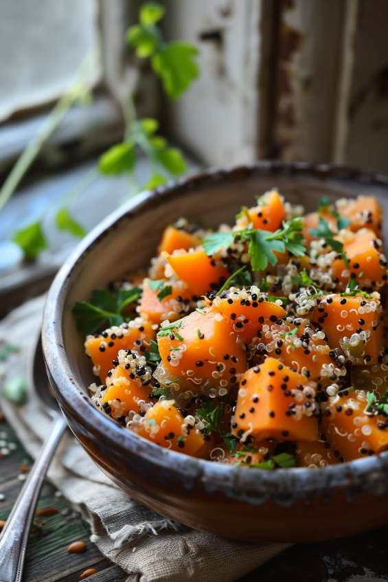 A bowl of quinoa root and sweet potato stew served with fresh herbs and olive oil drizzle