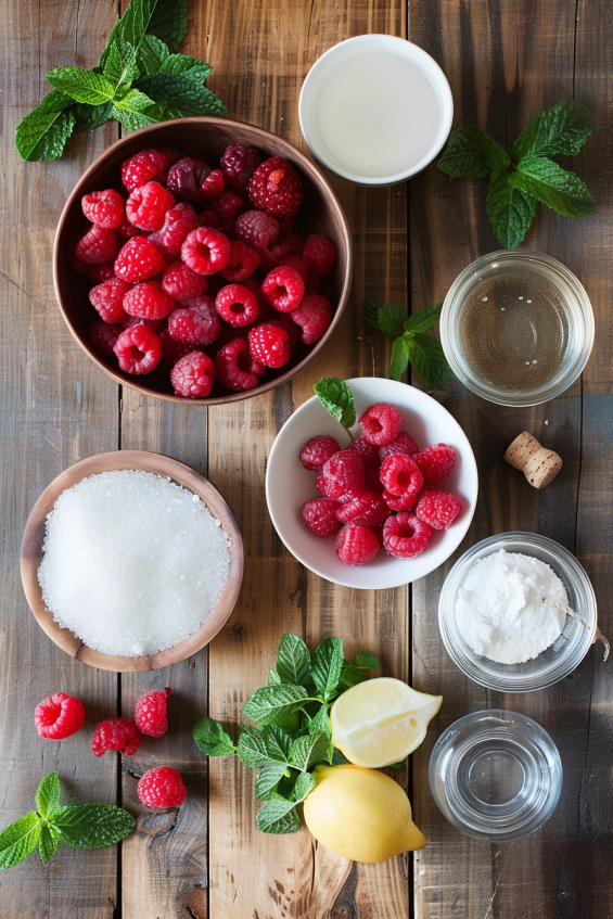 Ingredients for raspberry champagne jelly displayed on a rustic wooden surface: fresh raspberries, champagne, water, sugar, lemon juice, gelatin powder, and fresh mint leaves. Soft natural lighting emphasizes the vibrant colors and organic look