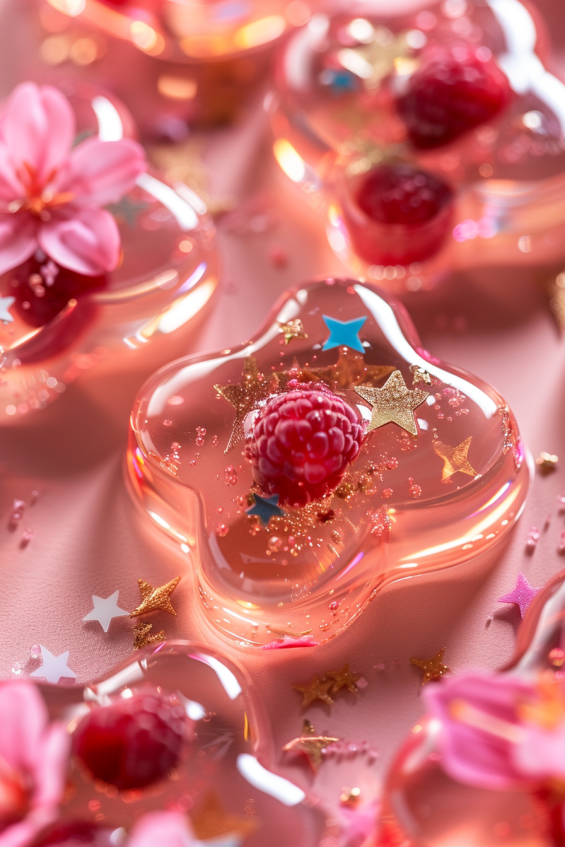 Raspberry champagne jelly in star, heart, and flower shapes with golden-amber champagne hues and soft pink tint