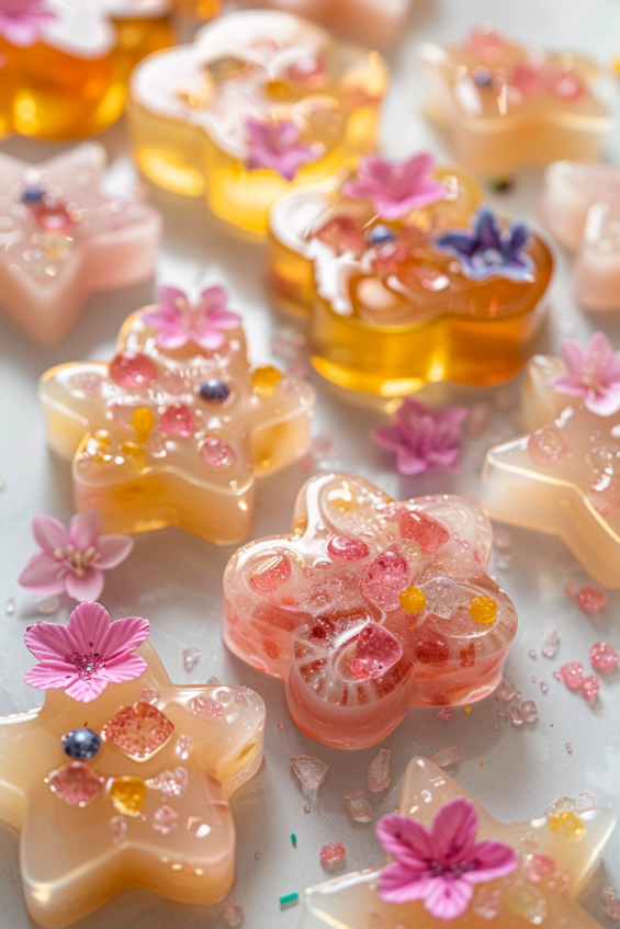 Raspberry champagne jelly in star, heart, and flower shapes with golden-amber champagne hues and soft pink tint