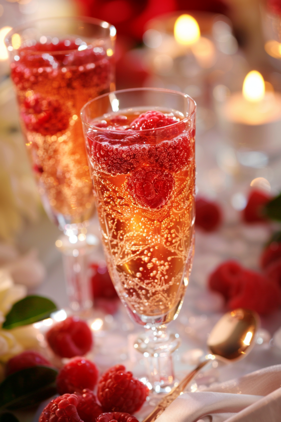 Raspberry champagne jelly cups displayed on a tray surrounded by candles, fresh flowers, and elegant napkins