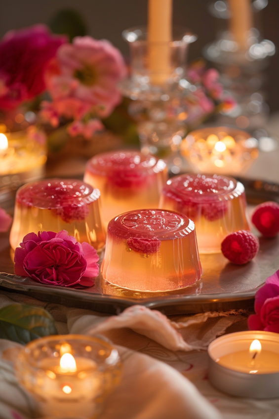 Raspberry champagne jelly cups displayed on a tray surrounded by candles, fresh flowers, and elegant napkins