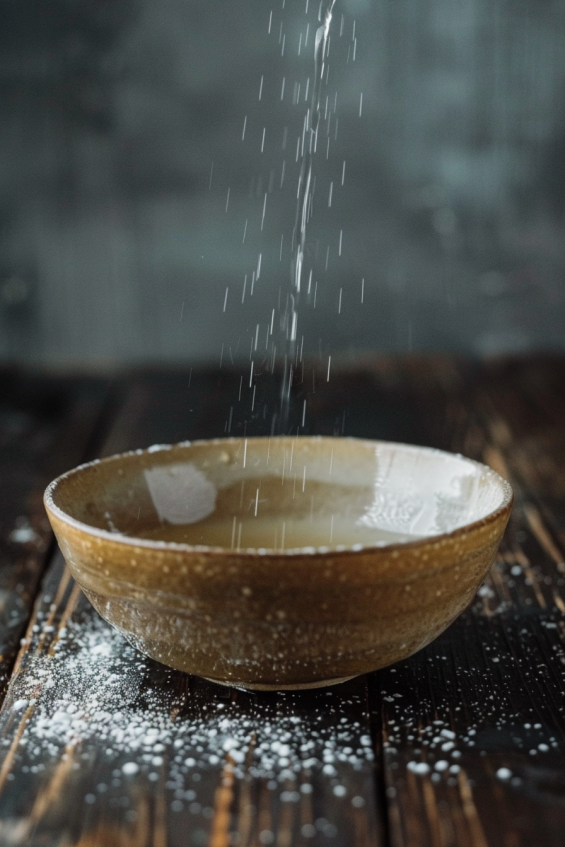 Close-up of 2-3 tbsp of water in a small bowl with gelatin powder sprinkled on top, the gelatin absorbing the water. Natural light highlighting the texture of the gelatin and water on a wooden or marble surface