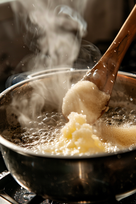 A small saucepan on a stove with champagne, water, and sugar being heated. Steam rises from the simmering mixture, with a wooden spoon stirring gently. Soft, warm lighting creates a cozy kitchen atmosphere