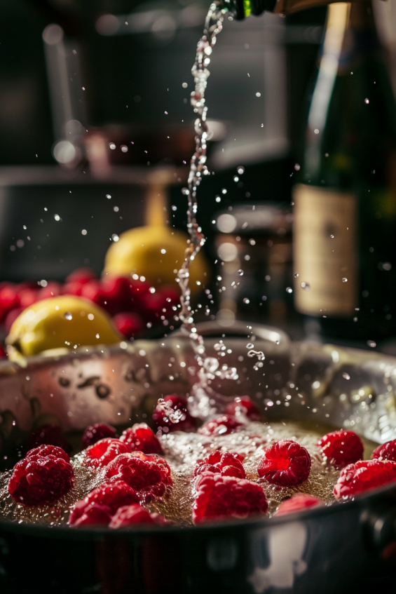 Fresh raspberries being added to the simmering champagne mixture in a saucepan, with freshly squeezed lemon juice pouring in. The raspberries gently break apart in the mixture, creating vibrant red and yellow colors