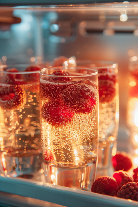 Glass cups filled with raspberry champagne jelly mixture, partially set in the fridge. Condensation forms on the glass, hinting at the jelly's delicate texture, with soft light highlighting its clarity and vibrancy