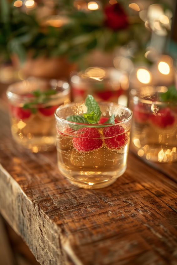 Small glass cups of raspberry champagne jelly, garnished with fresh mint leaves, placed on a rustic wooden surface. The jelly is firm and glossy, with soft natural lighting creating a fresh, elegant vibe