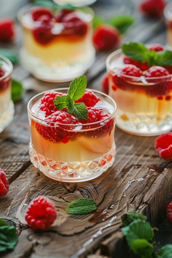 Delicate glassware including glass cups, dessert glasses, and champagne flutes filled with raspberry champagne jelly in golden-amber tones