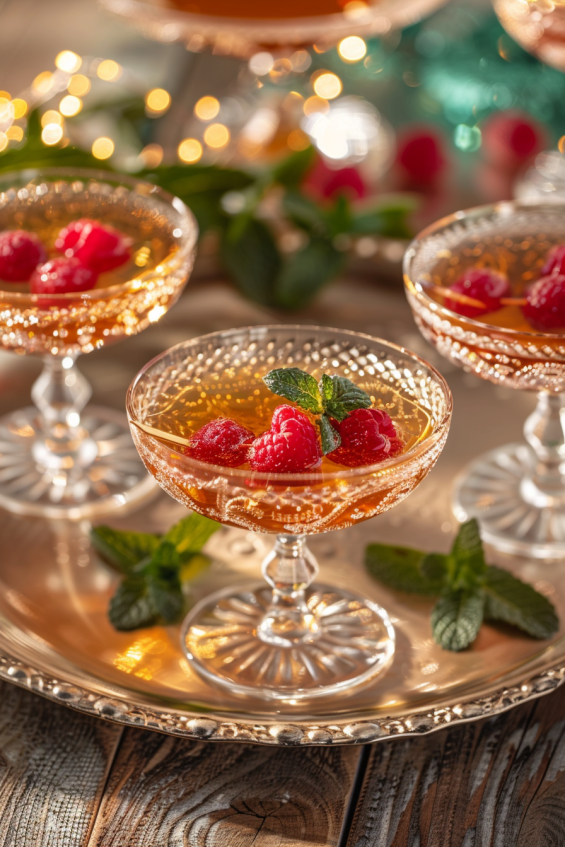 Delicate glassware including glass cups, dessert glasses, and champagne flutes filled with raspberry champagne jelly in golden-amber tones