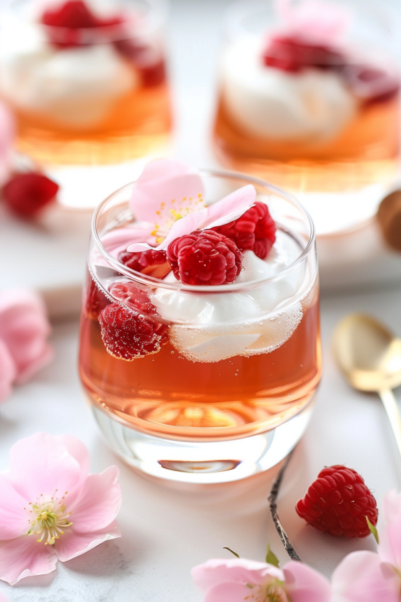 Layered raspberry champagne jelly in golden-amber tones with pink tint, topped with whipped cream, raspberries, and edible flowers