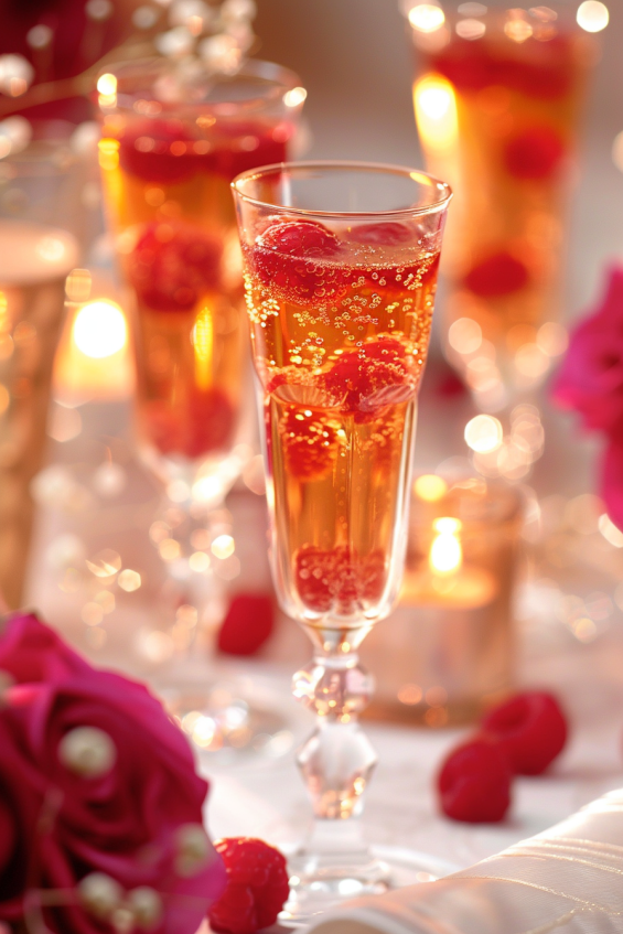 Raspberry champagne jelly cups displayed on a tray surrounded by candles, fresh flowers, and elegant napkins