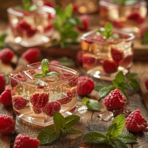 Delicate glassware including glass cups, dessert glasses, and champagne flutes filled with raspberry champagne jelly in golden-amber tones