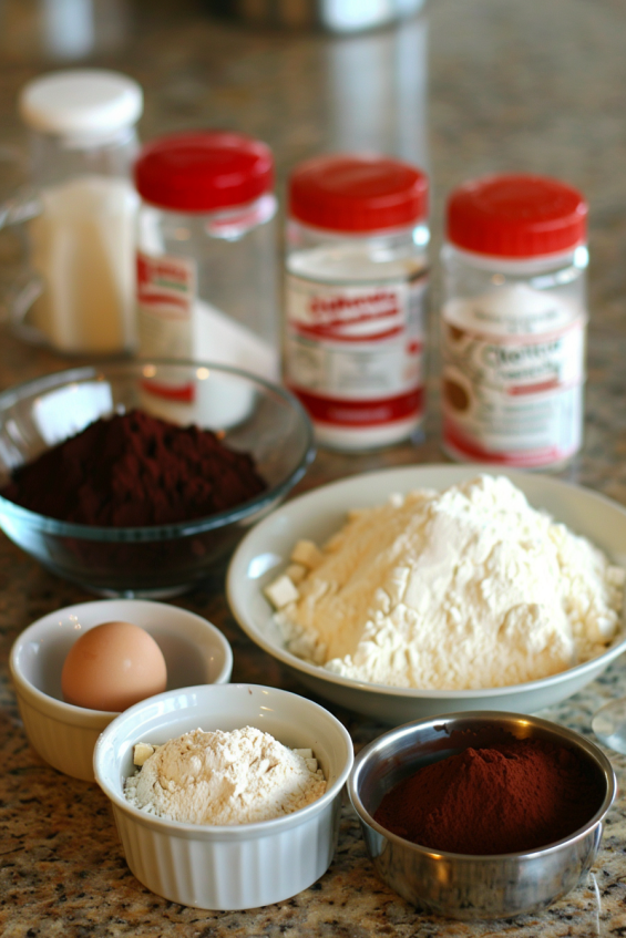 Organized kitchen countertop with all the ingredients for making Red Velvet Cupcakes neatly arranged in bowls and measuring cups