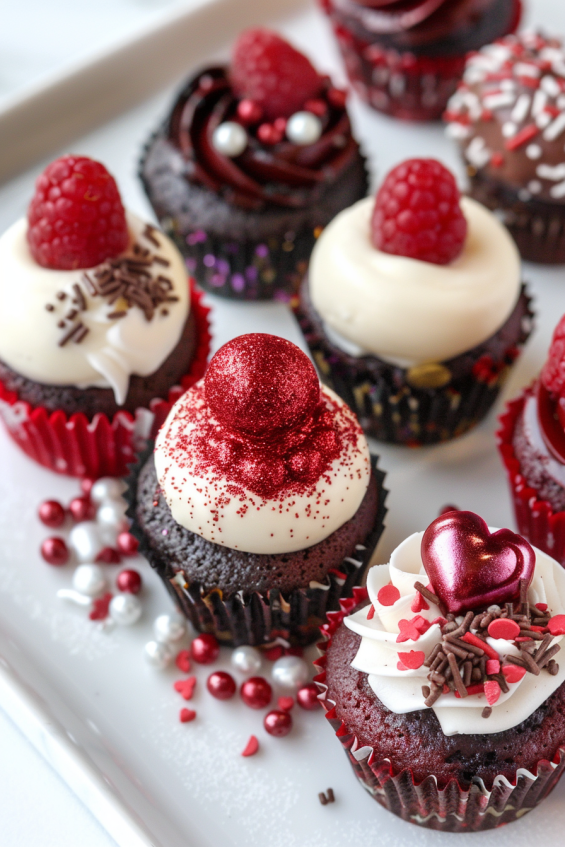 Red velvet cupcakes decorated with heart-shaped sprinkles, edible glitter, chocolate shavings, and fresh raspberries