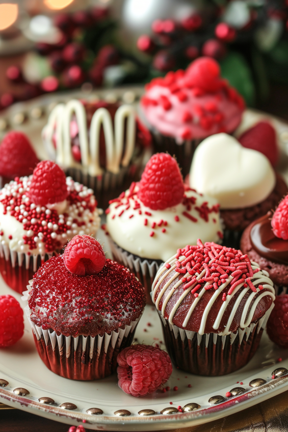 Red velvet cupcakes decorated with heart-shaped sprinkles, edible glitter, chocolate shavings, and fresh raspberries