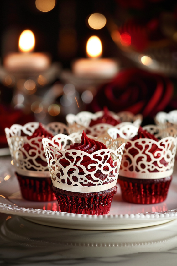 Red velvet cupcakes in decorative lace-patterned wrappers with metallic finish, perfect for Valentine’s Day