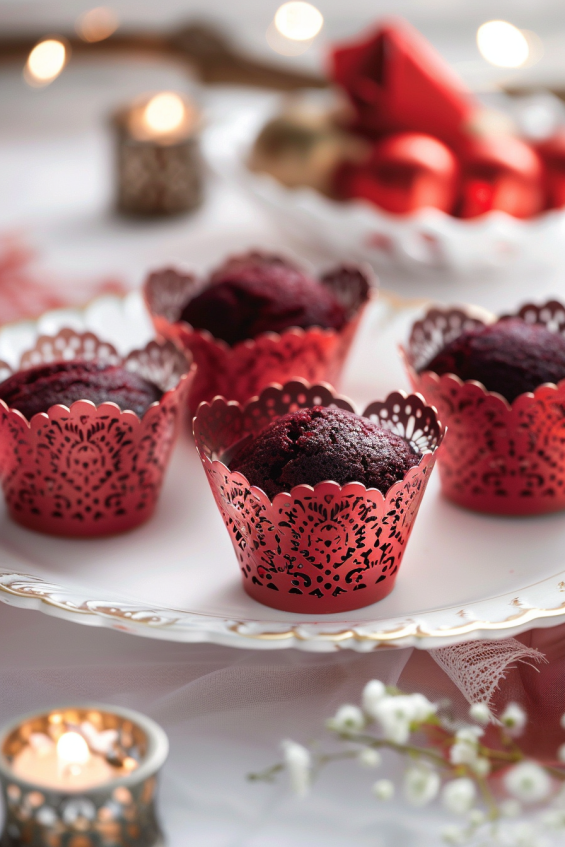 Red velvet cupcakes in decorative lace-patterned wrappers with metallic finish, perfect for Valentine’s Day