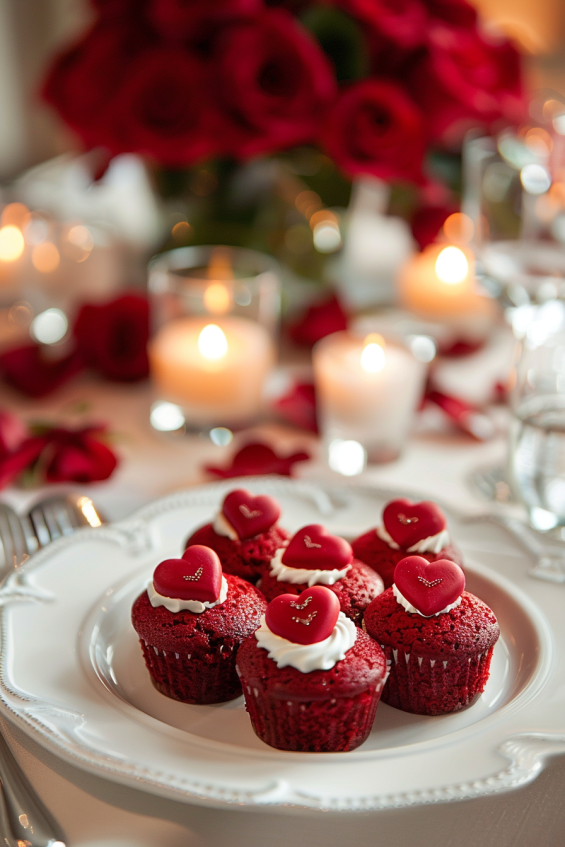 Red velvet cupcakes arranged in the shape of a heart, surrounded by red roses and candles, perfect for Valentine’s Day