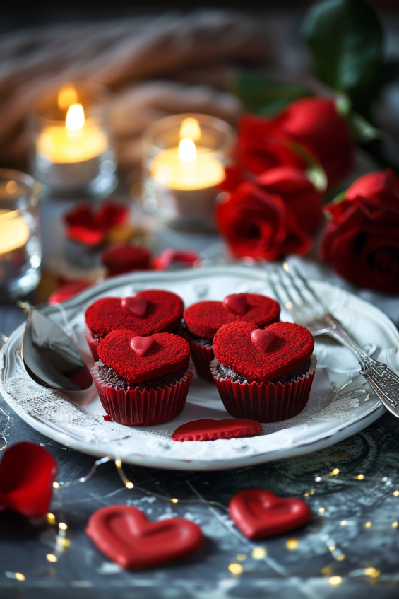 Red velvet cupcakes arranged in the shape of a heart, surrounded by red roses and candles, perfect for Valentine’s Day