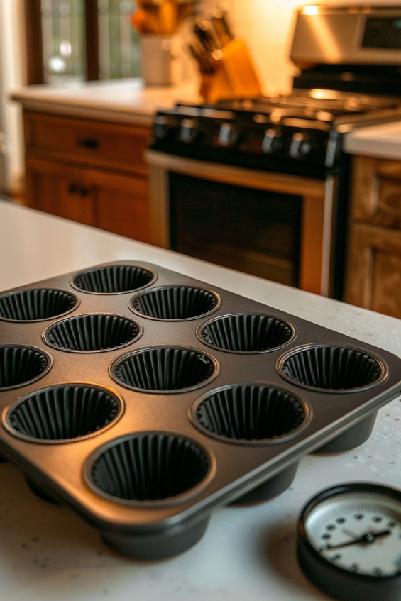 Organized kitchen scene with a 12-cup muffin tin lined with colorful cupcake liners and an oven set to 350°F, ready for baking