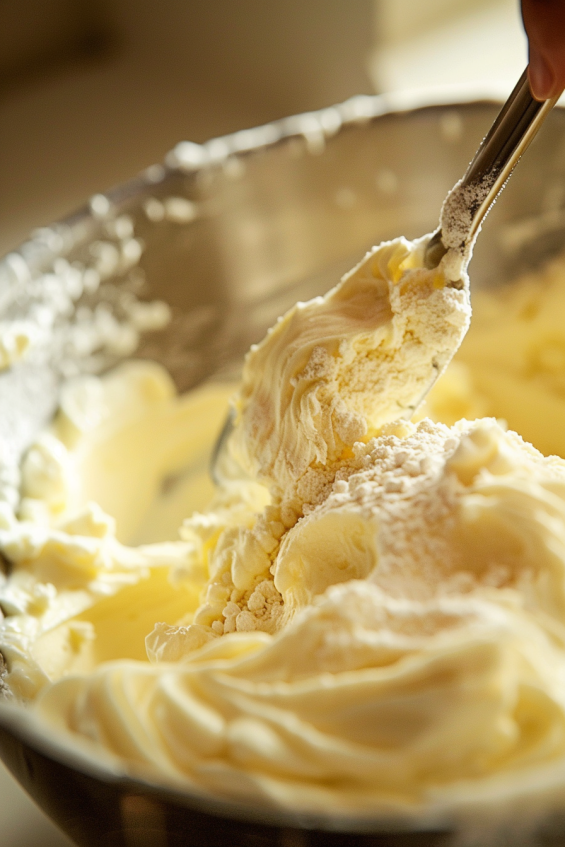 Two bowls on the kitchen counter: one with sifted dry ingredients and another with creamed butter and sugar being mixed, with other ingredients nearby