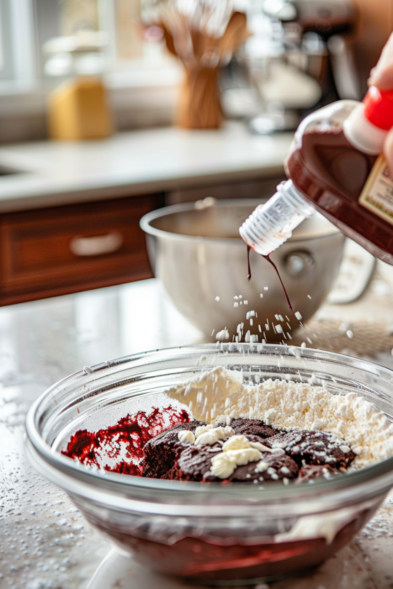 Two bowls on the kitchen counter: one with sifted dry ingredients and another with creamed butter and sugar being mixed, with other ingredients nearby