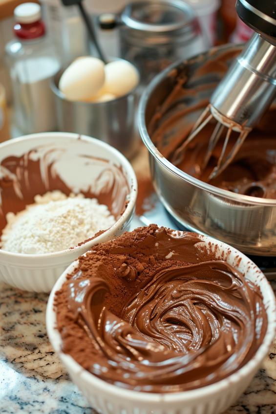 Overhead view of gently folding sifted dry ingredients into creamed wet mixture on the kitchen counter