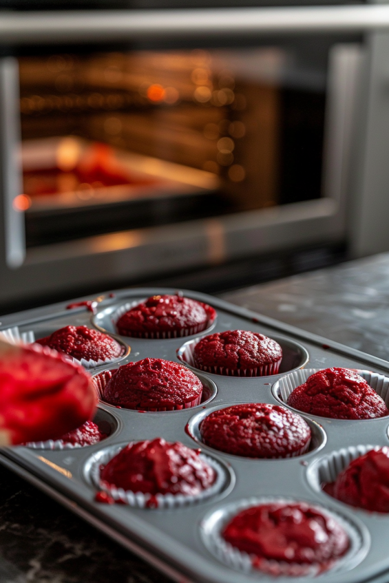 Spoon filling red velvet batter into cupcake liners in a muffin tin, with an oven in the background