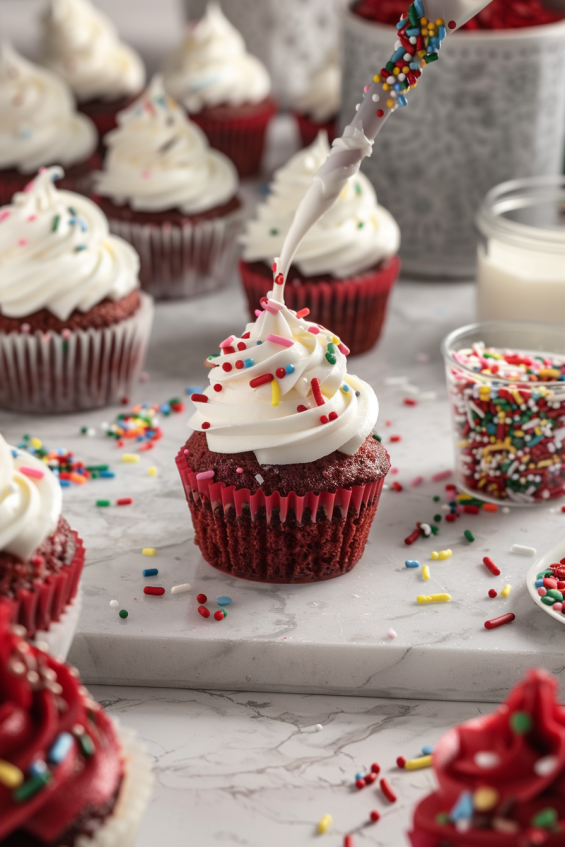 Creamy cream cheese frosting being piped onto freshly baked red velvet cupcakes, decorated with sprinkles, glitter, and chocolate