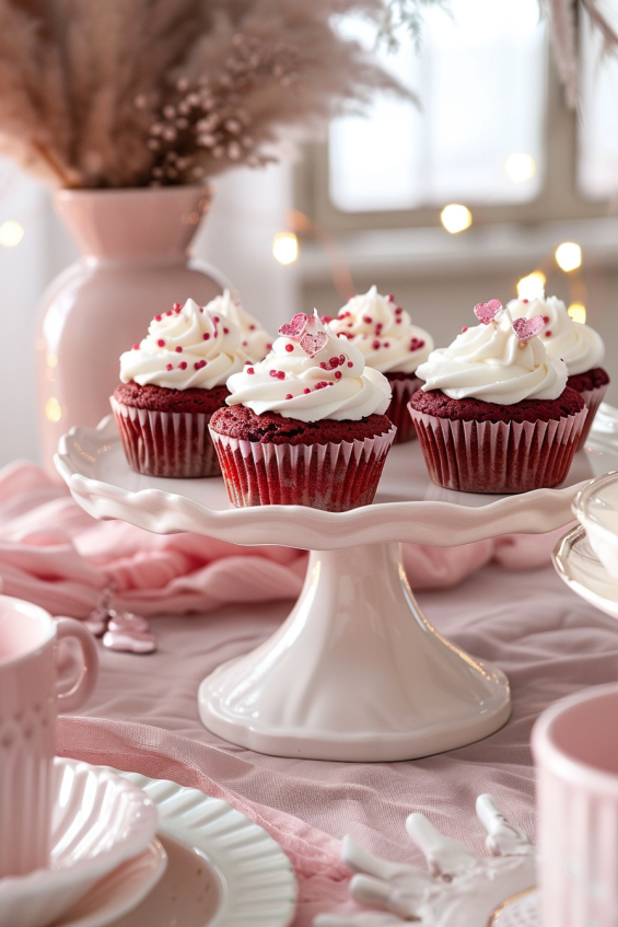 A romantic display of red velvet cupcakes on a white cake stand with soft lighting, perfect for Valentine’s Day