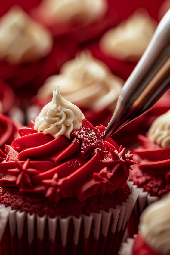 Close-up of red velvet cupcakes being decorated with star-shaped swirls of cream cheese frosting