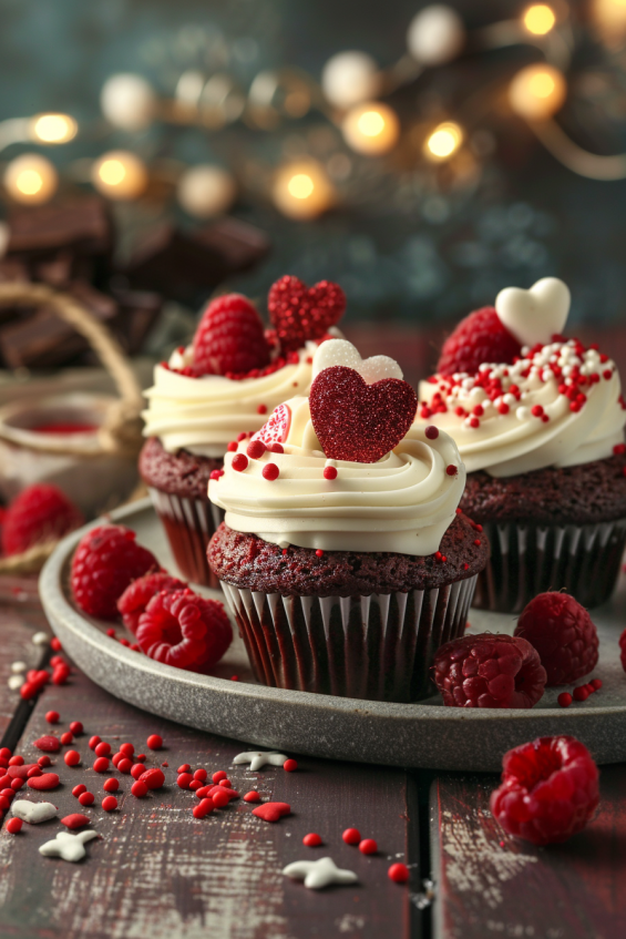 Red velvet cupcakes decorated with heart-shaped sprinkles, edible glitter, chocolate shavings, and fresh raspberries