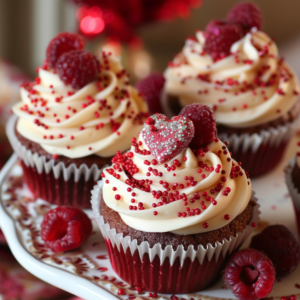 Red velvet cupcakes decorated with heart-shaped sprinkles, edible glitter, chocolate shavings, and fresh raspberries