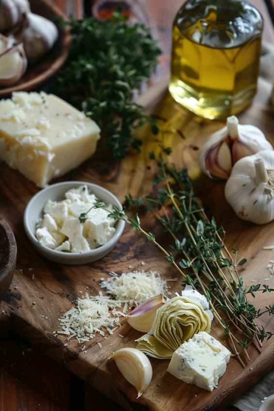 Fresh ingredients for roasted garlic and artichoke spread, including garlic cloves, artichokes, and olive oil