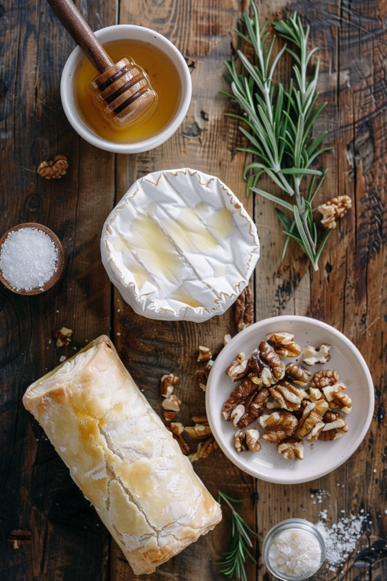 Flat-lay of ingredients for Rosemary Honey Baked Brie on a wooden surface, including brie cheese, honey, rosemary, puff pastry, chopped nuts, salt, and pepper