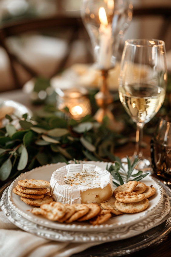 Elegant table setting featuring baked brie with a glass of champagne, served with crackers and baguette slices