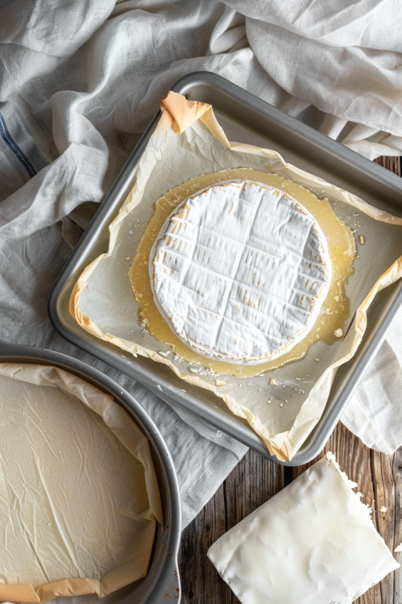 Flat-lay of an unwrapped wheel of brie on a parchment-lined baking sheet with puff pastry nearby