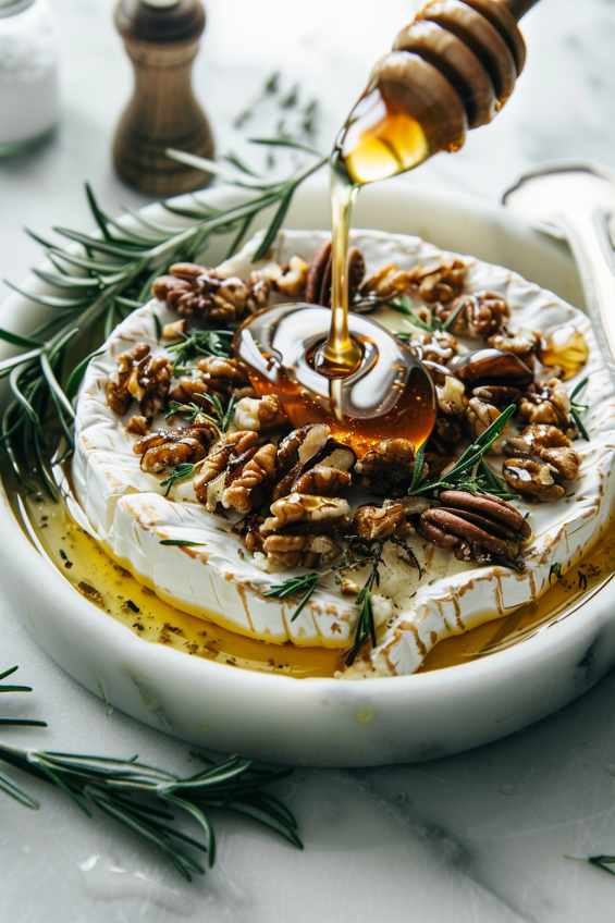 Flat-lay of brie cheese with honey, nuts, and rosemary being added as toppings