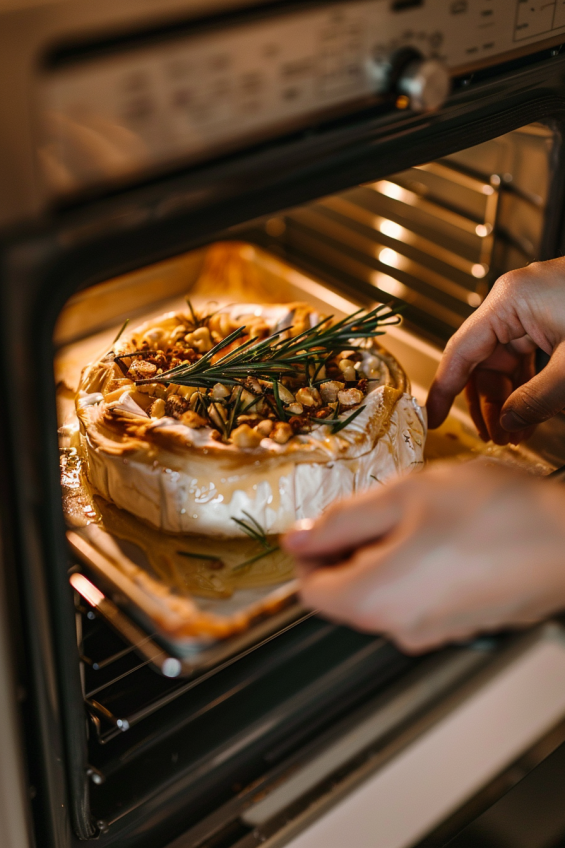 Brie cheese in an oven, baking with caramelized honey and puff pastry turning golden brown