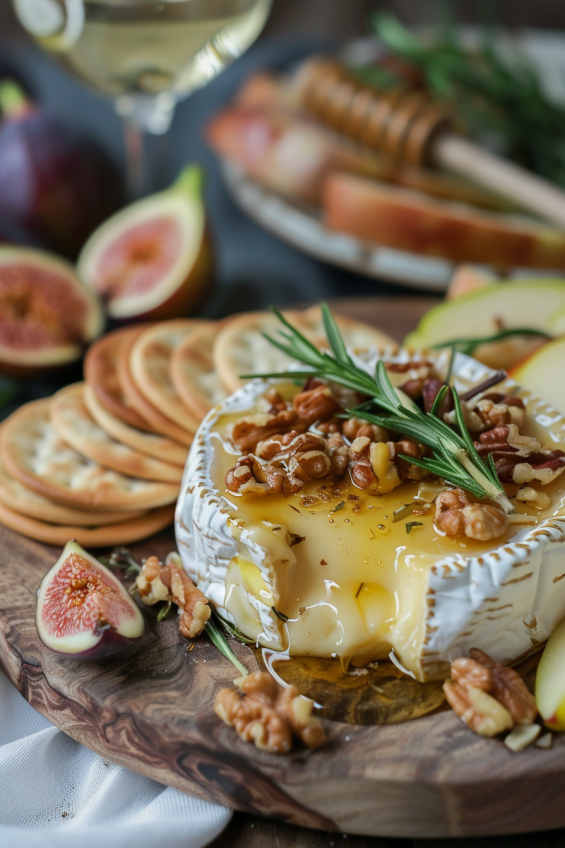 Beautifully plated baked brie on a serving board with honey, nuts, rosemary, crackers, and fruits