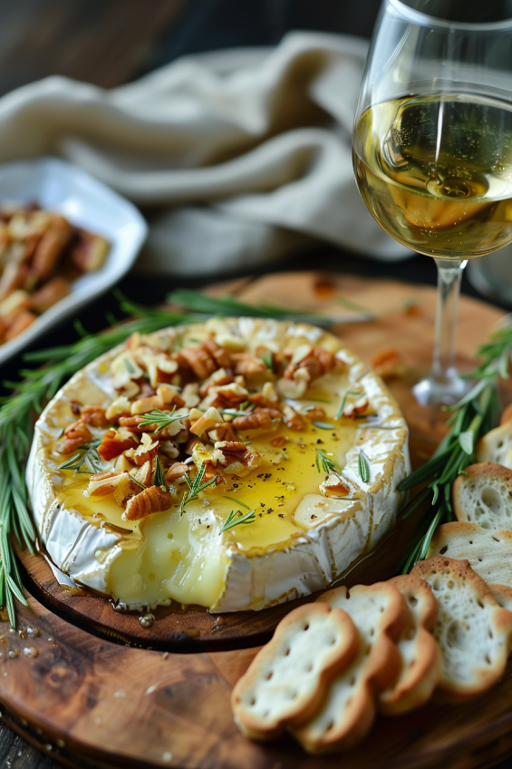 A beautifully plated baked brie paired with a glass of white wine or champagne, topped with honey, nuts, and rosemary, with crackers and baguette on the side.