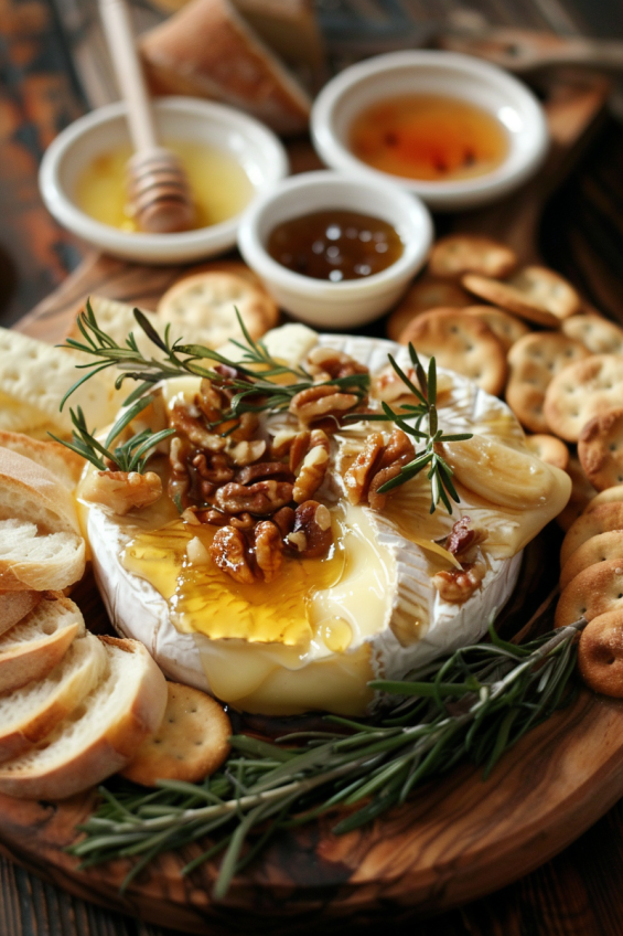 Serving board with baked brie at the center, surrounded by sliced baguette, crackers, and small bowls of honey and jam