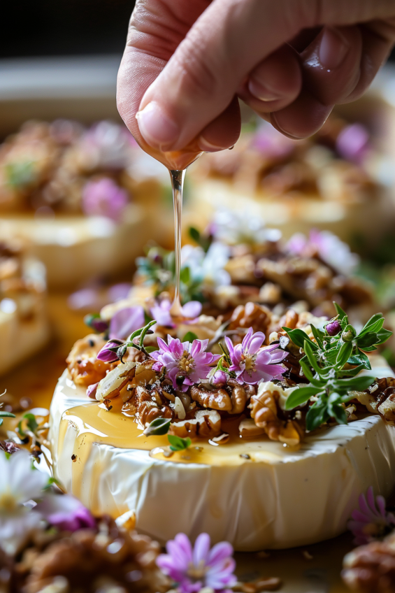 Close-up of baked brie being garnished with a honey drizzle and sprinkled nuts, under bright natural lighting