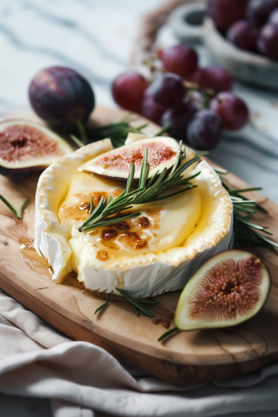 Baked brie surrounded by colorful fruits, rosemary sprigs, and berries for added visual appeal